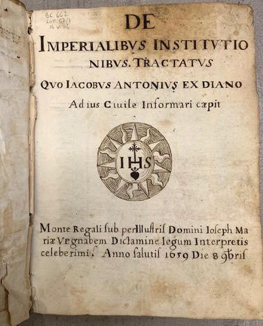 <strong>De Imperialibus Institutionibus Tractatus quo Iacobus Antonius ex Diano ad ius civile informari coepit.</strong>